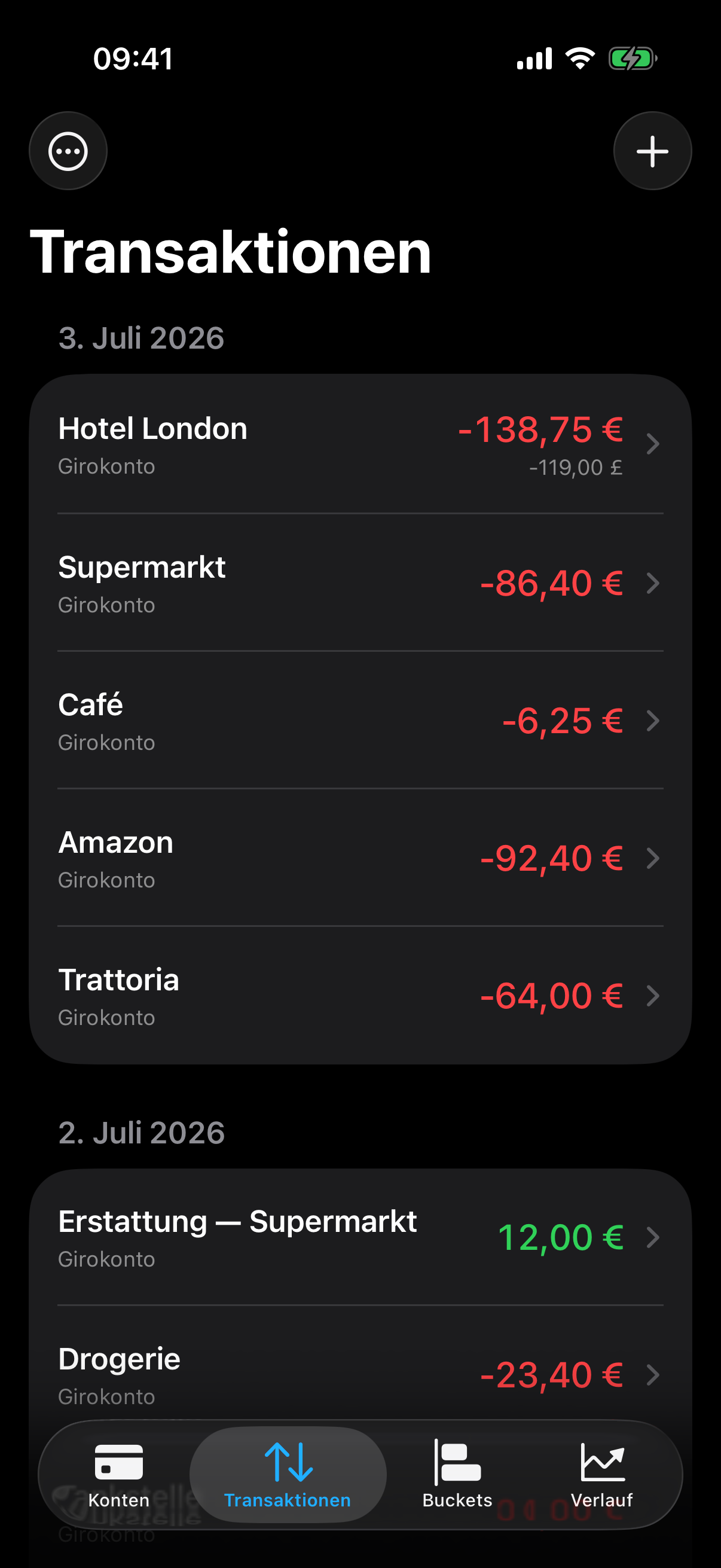Die Transaktionsliste in FinanceNest