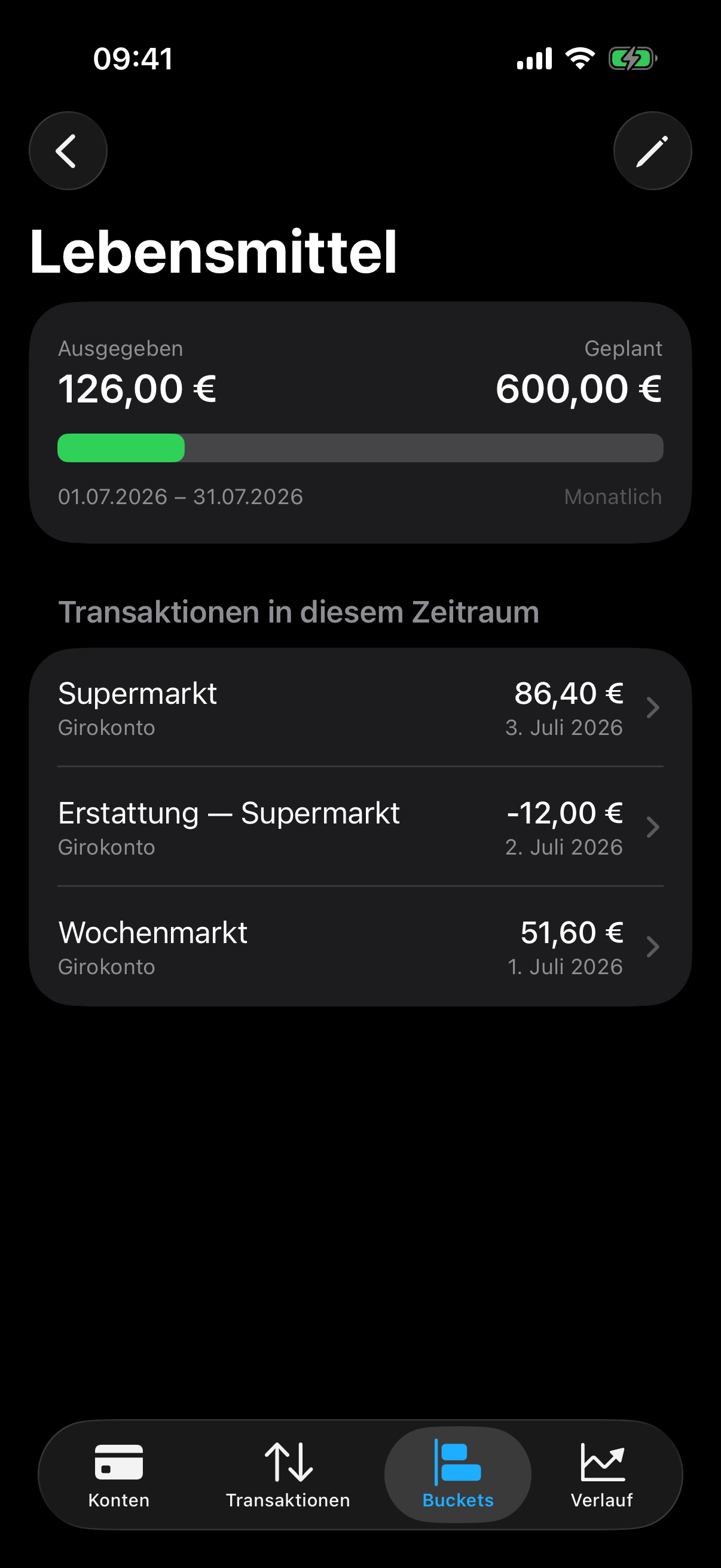 Ein FinanceNest-Bucket mit Fortschrittsbalken und dem Rest für diesen Zeitraum