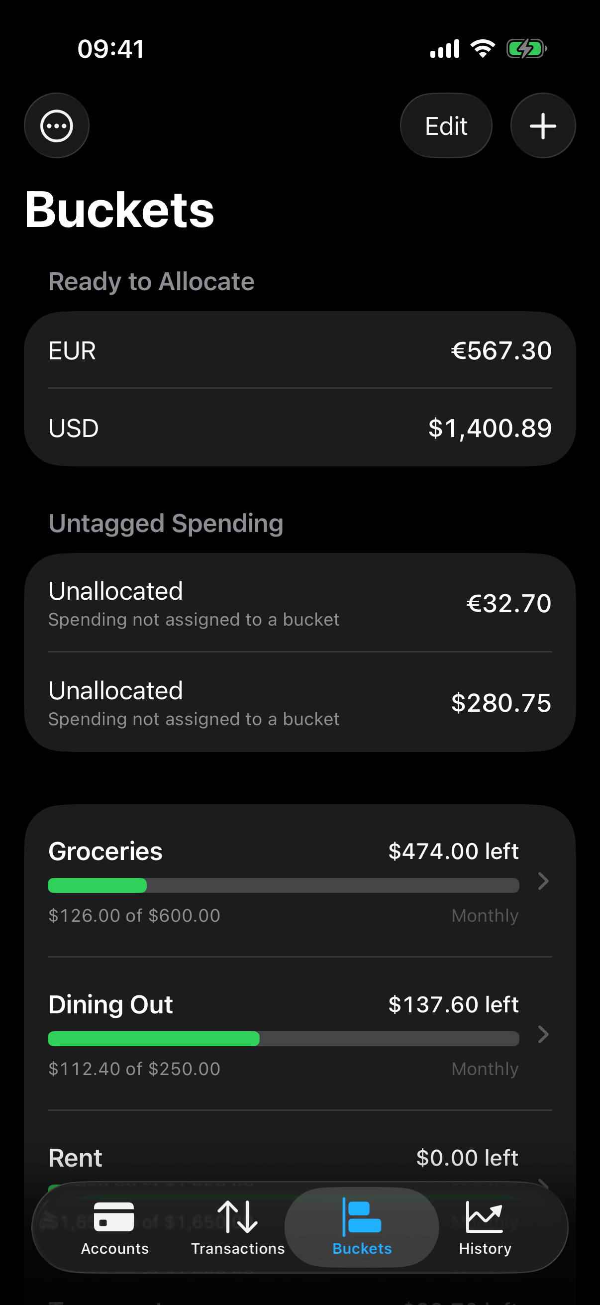 A FinanceNest bucket showing what's left to spend this month